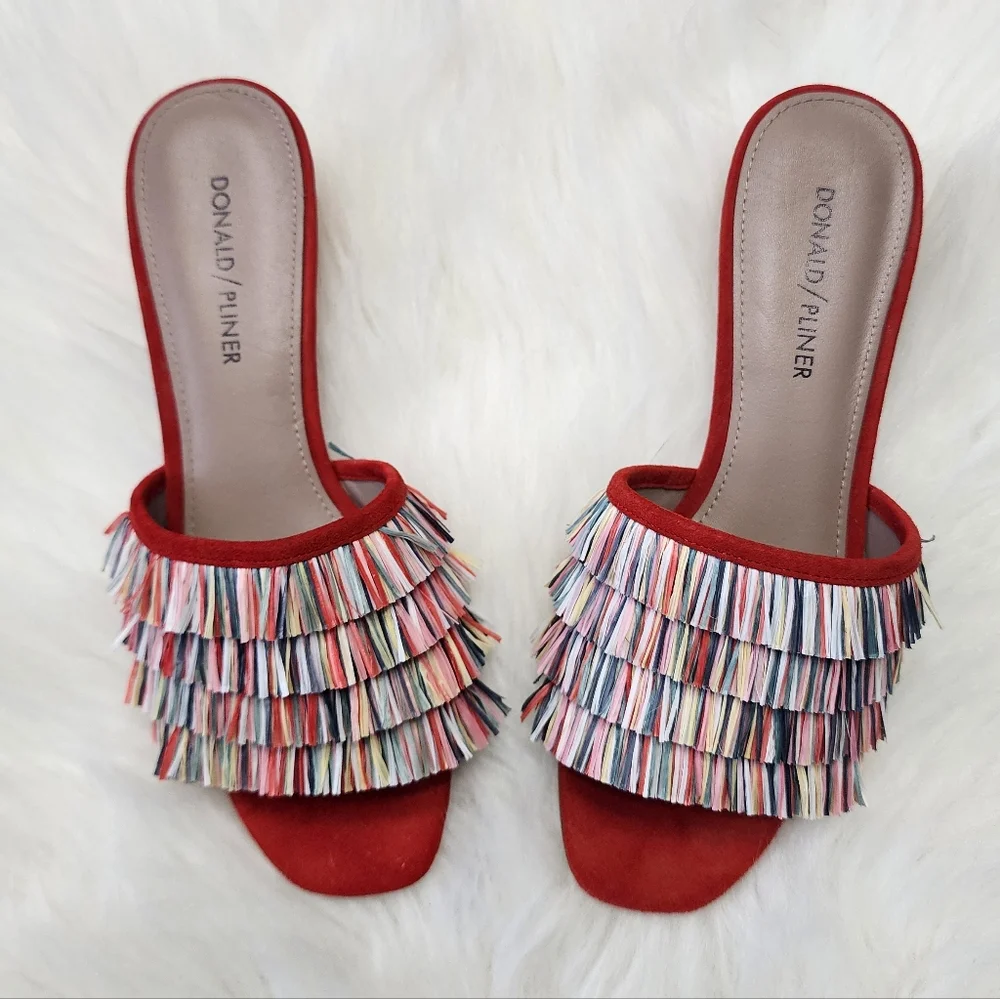 Donald Pliner Reise Red Suede Multi-Color Raffia Fringe Slide Sandals Sz 7M